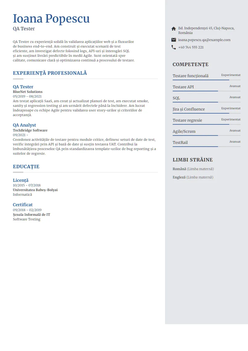 Exemplu CV QA Tester - Ioana Popescu