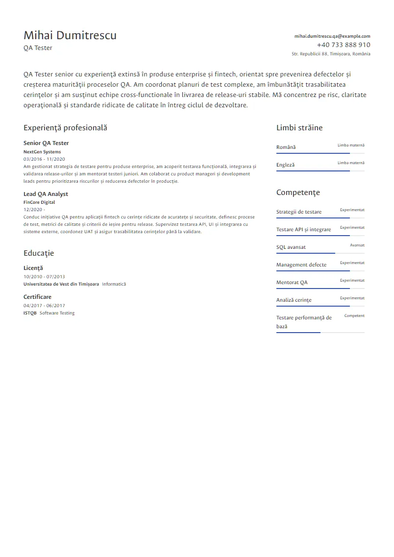 Exemplu CV QA Tester - Mihai Dumitrescu