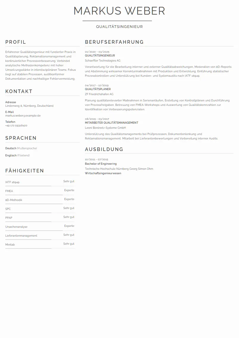 Lebenslauf Beispiel Qualitätsingenieur - Markus Weber