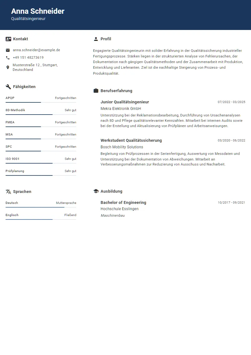 Lebenslauf Beispiel Qualitätsingenieur - Anna Schneider