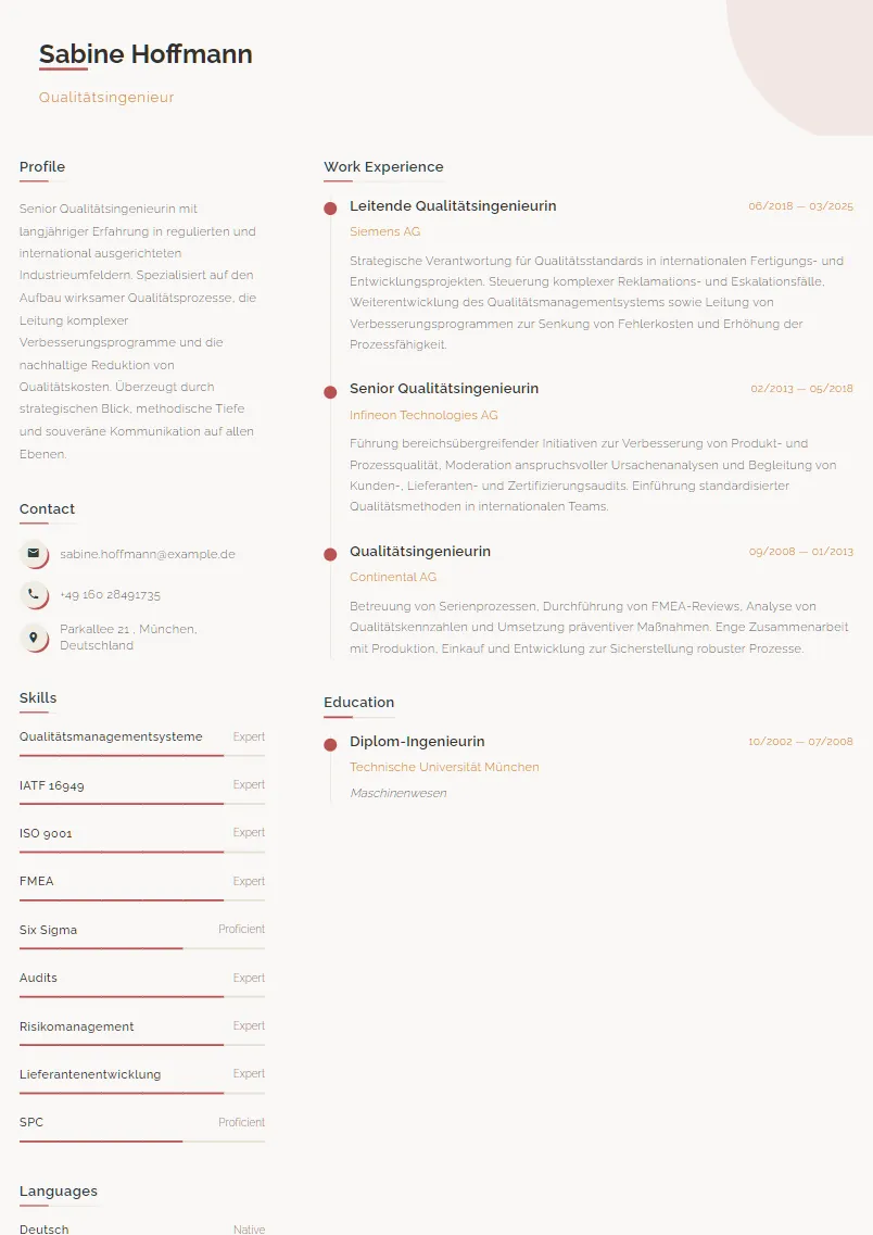 Lebenslauf Beispiel Qualitätsingenieur - Sabine Hoffmann
