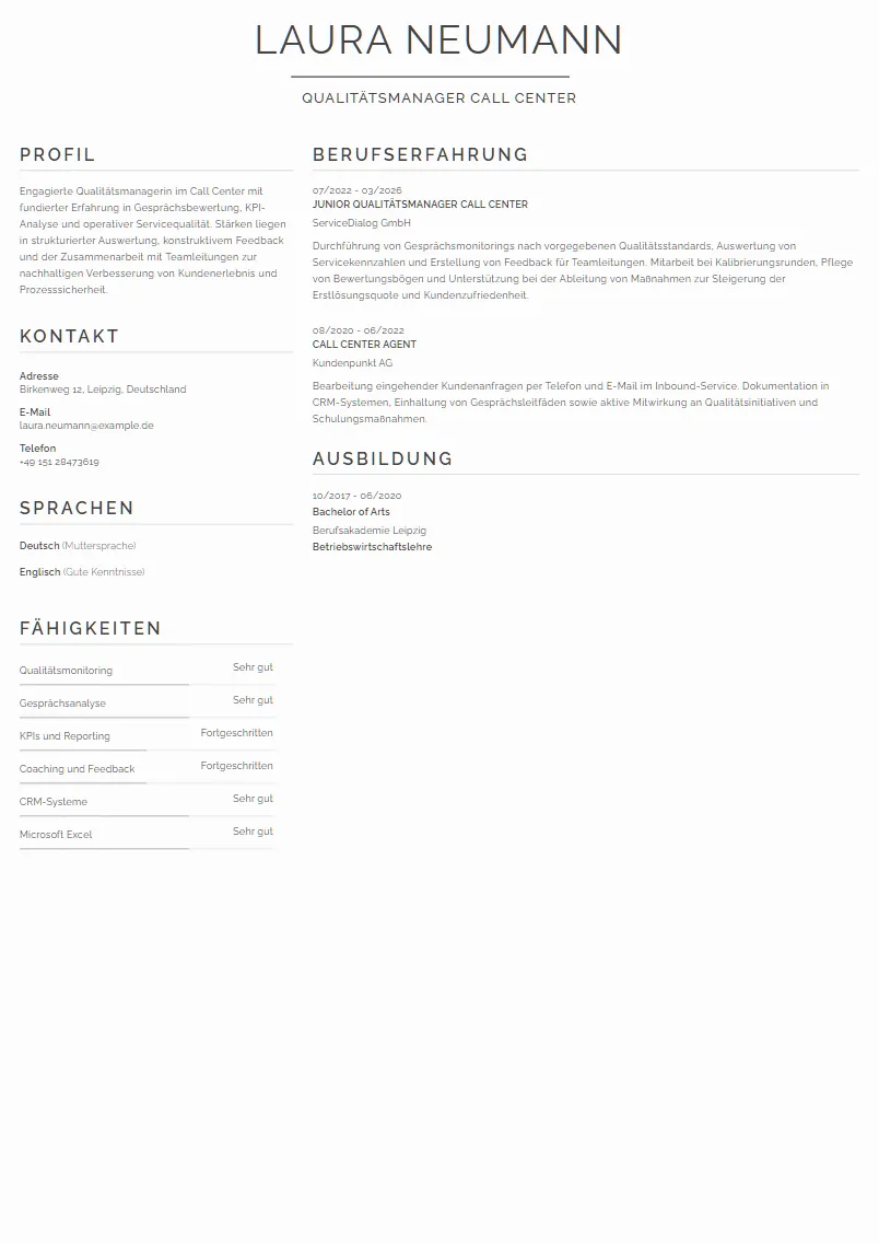 Lebenslauf Beispiel Qualitätsmanager Call Center - Laura Neumann