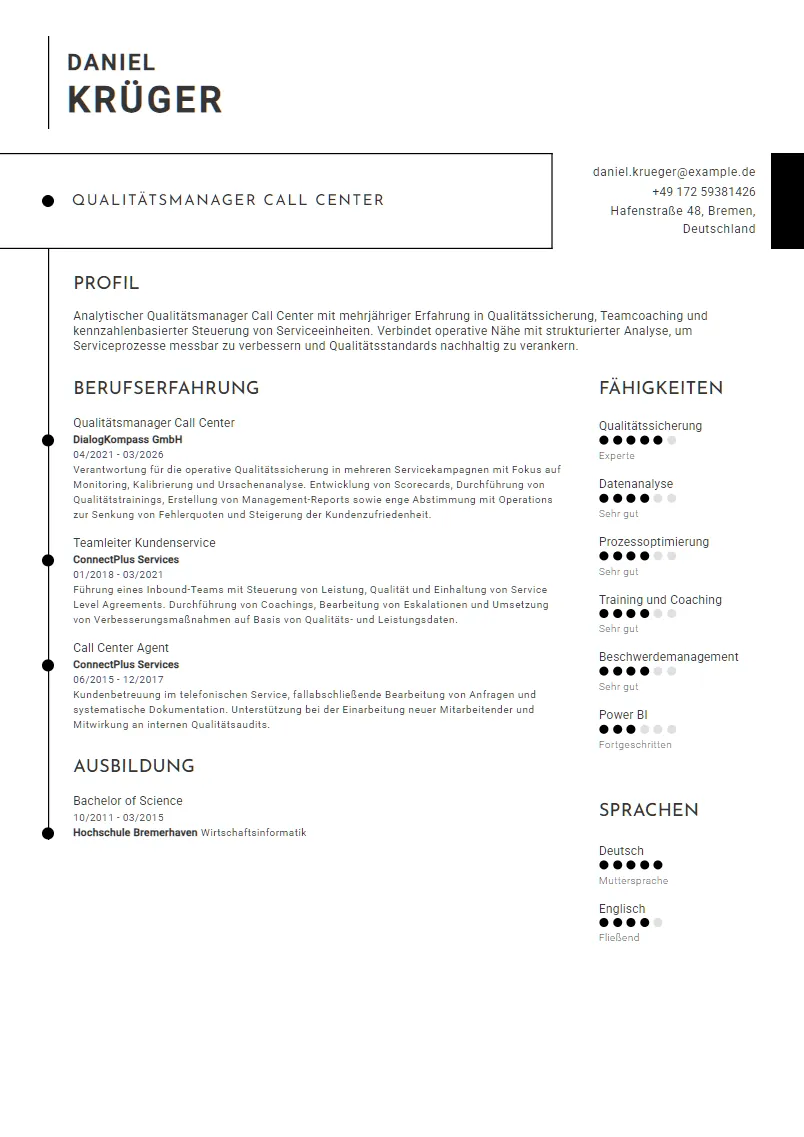 Lebenslauf Beispiel Qualitätsmanager Call Center - Daniel Krüger