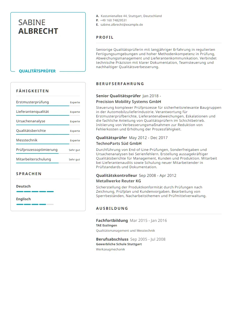 Lebenslauf Beispiel Qualitätsprüfer - Sabine Albrecht