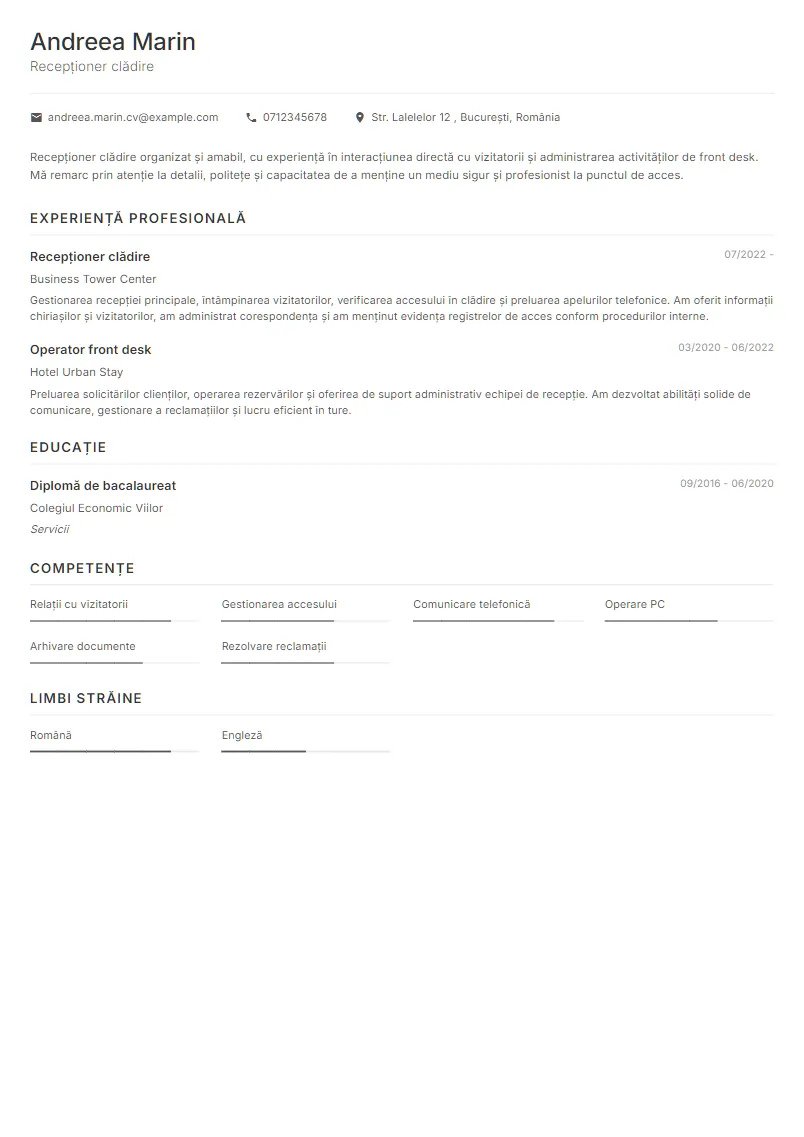 Exemplu CV Recepționer clădire - Andreea Marin