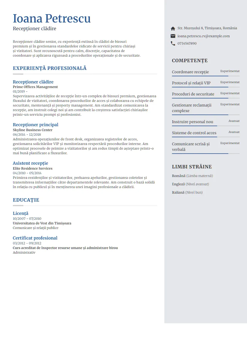 Exemplu CV Recepționer clădire - Ioana Petrescu