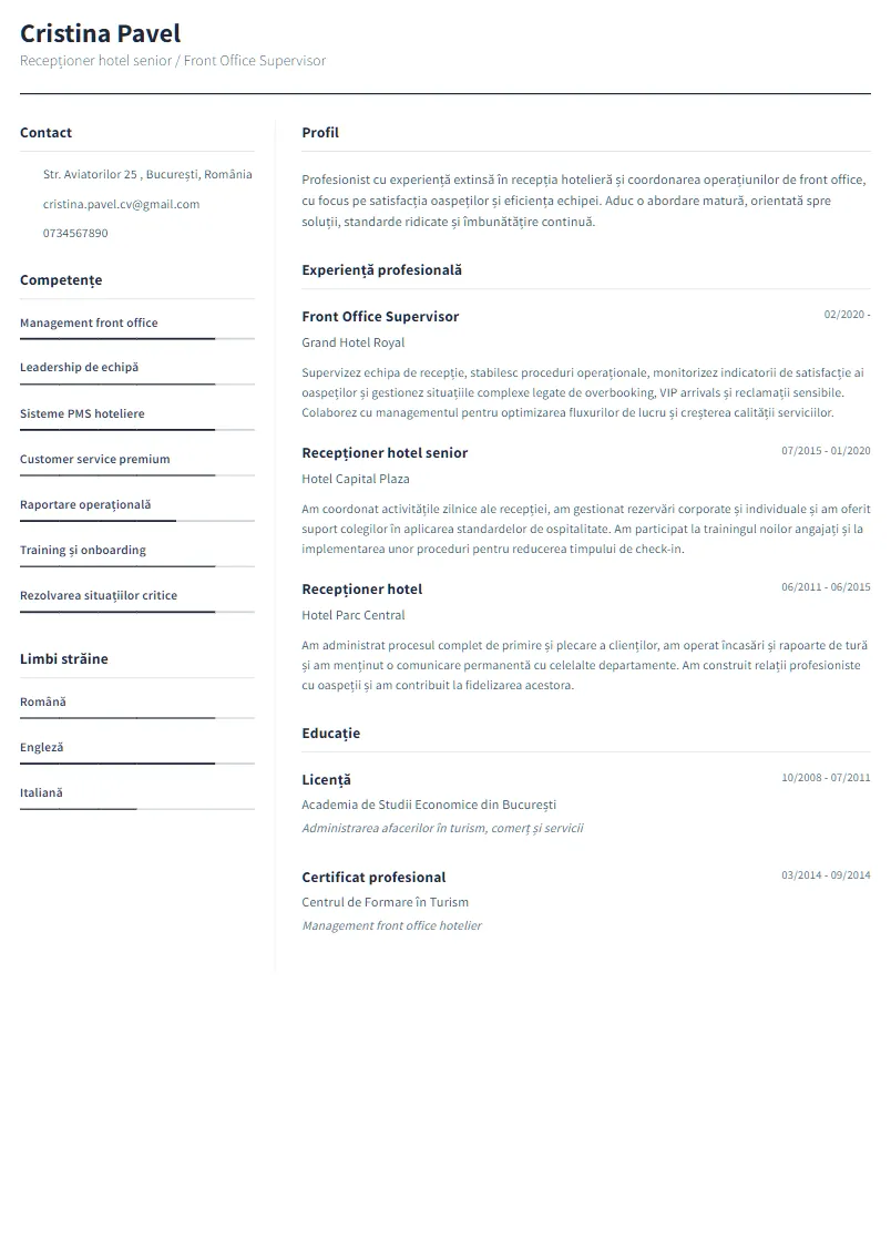 Exemplu CV Recepționer hotel senior / Front Office Supervisor - Cristina Pavel