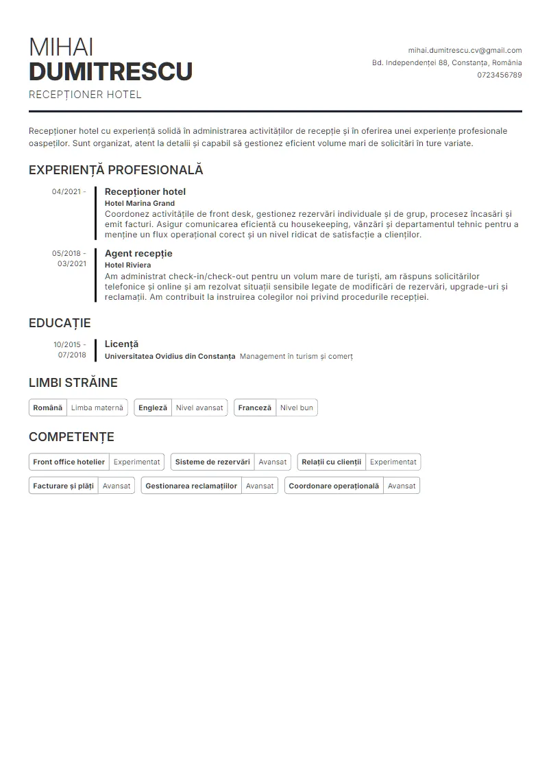 Exemplu CV Recepționer hotel - Mihai Dumitrescu