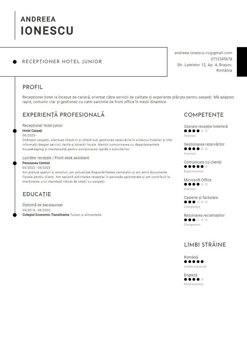 Exemplu CV Recepționer hotel junior - Andreea Ionescu