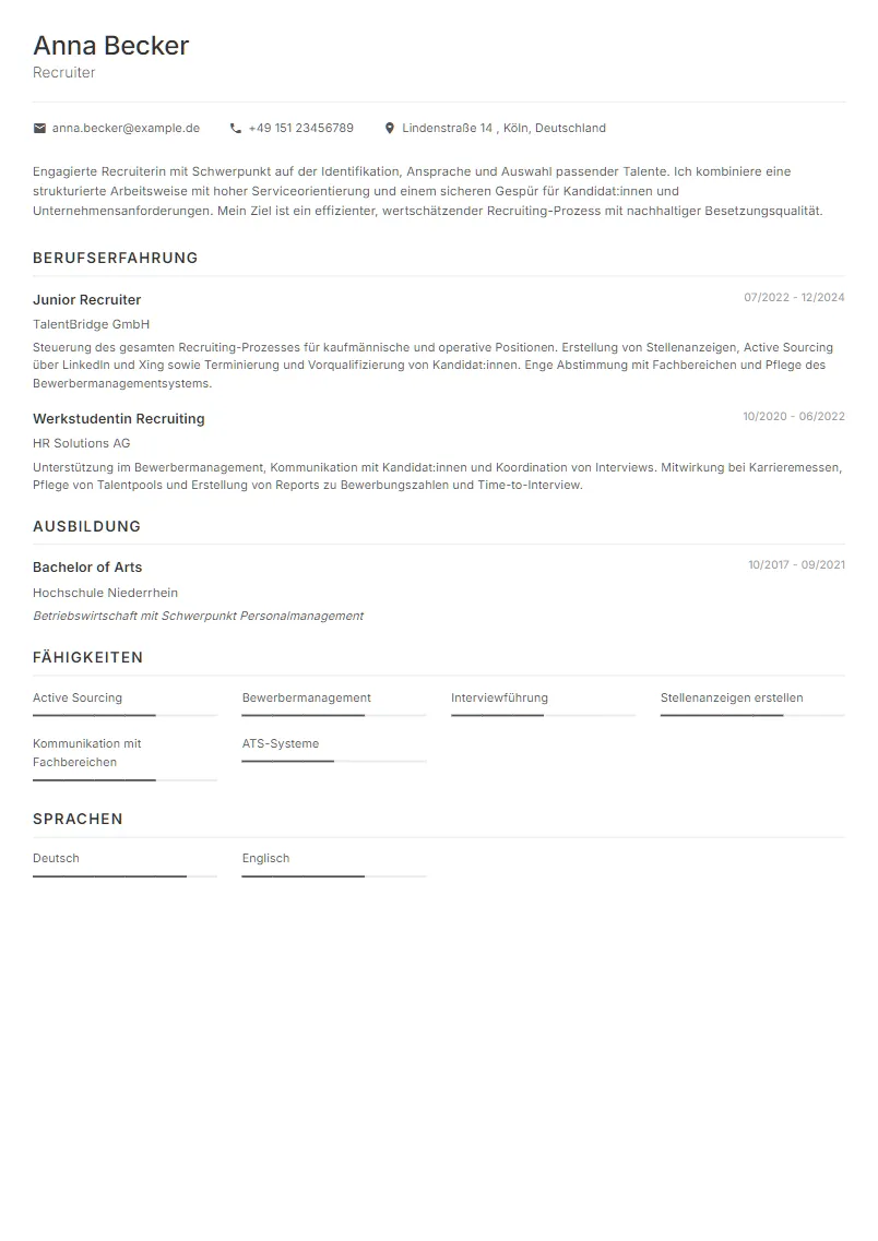 Lebenslauf Beispiel Recruiter - Anna Becker