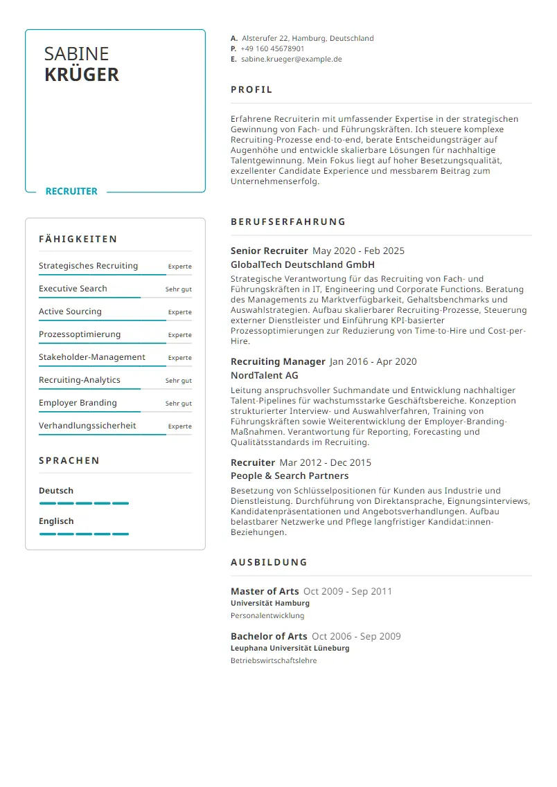 Lebenslauf Beispiel Recruiter - Sabine Krüger