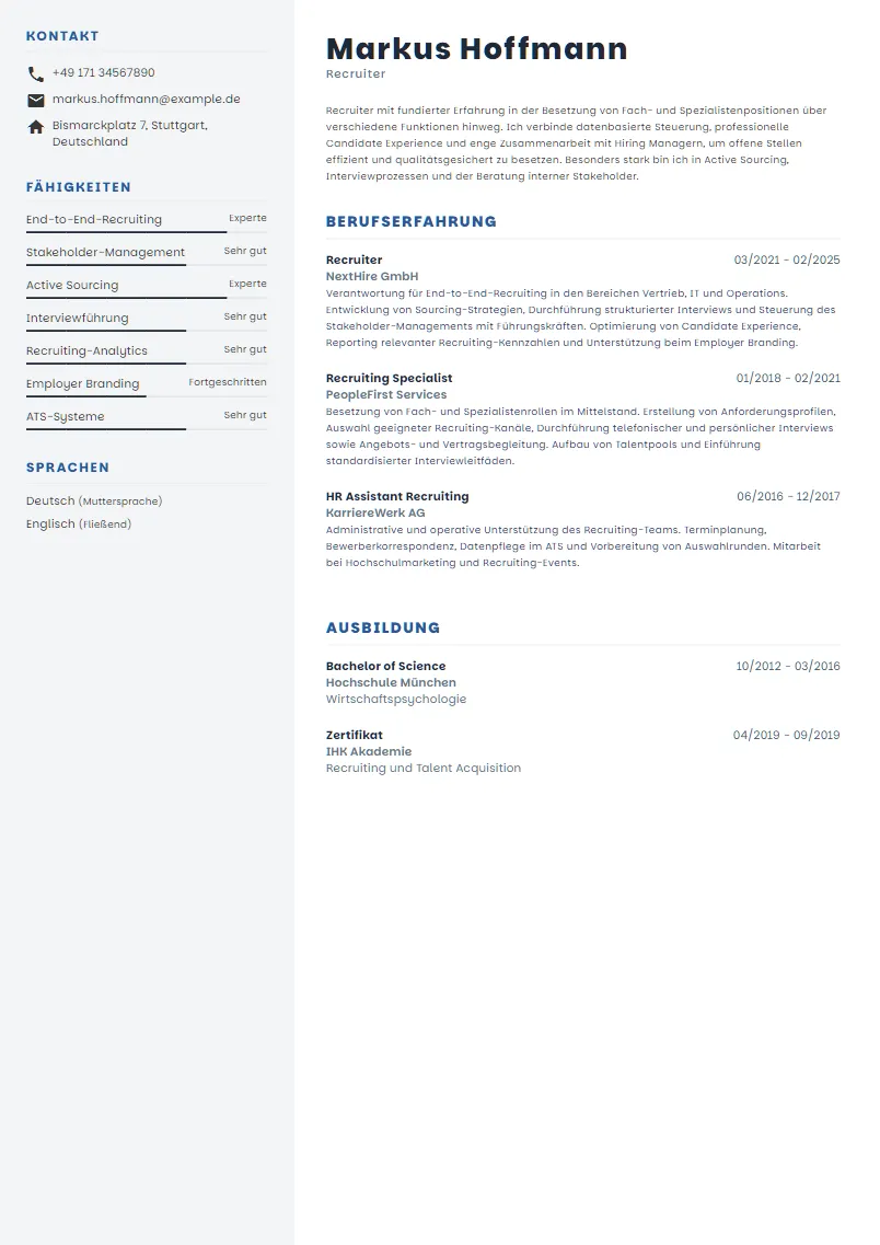 Lebenslauf Beispiel Recruiter - Markus Hoffmann