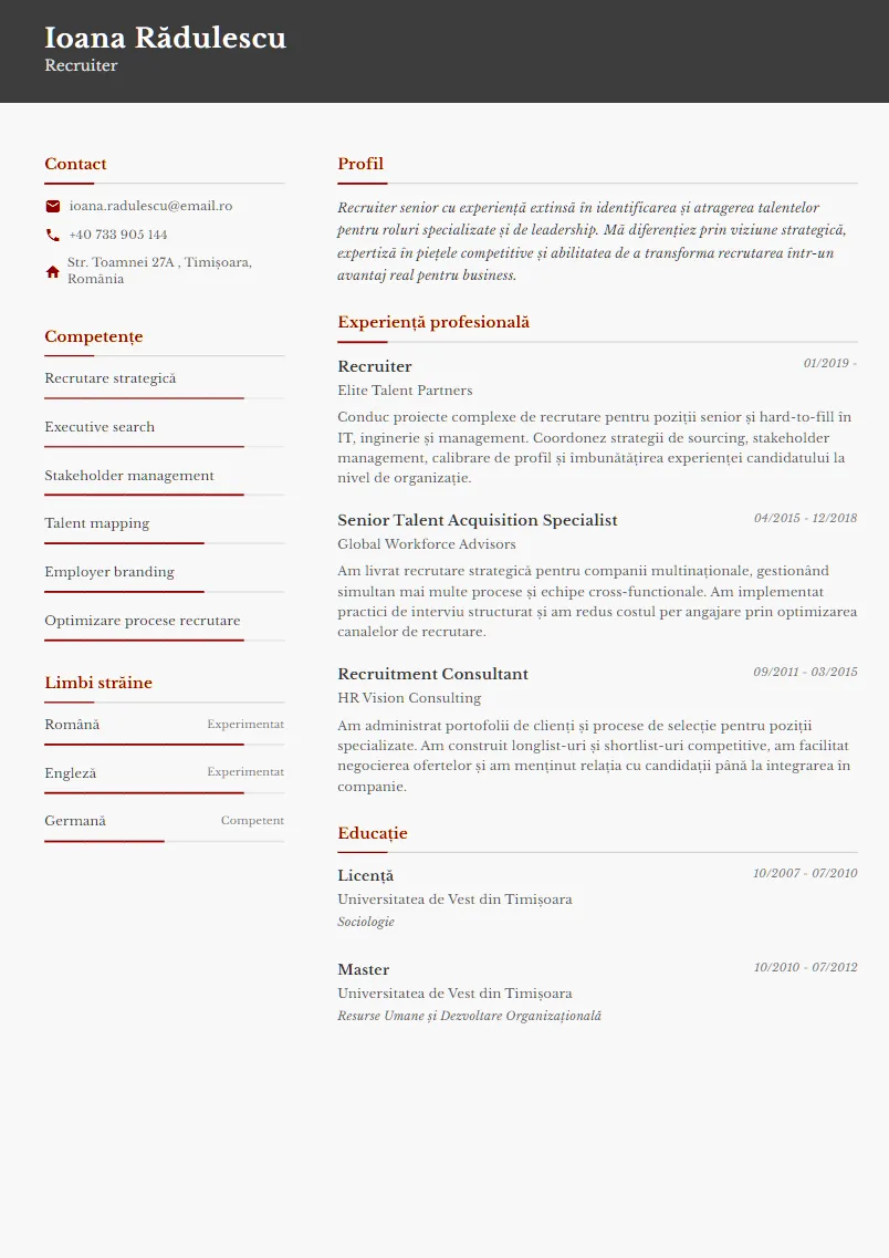 Exemplu CV Recruiter - Ioana Rădulescu