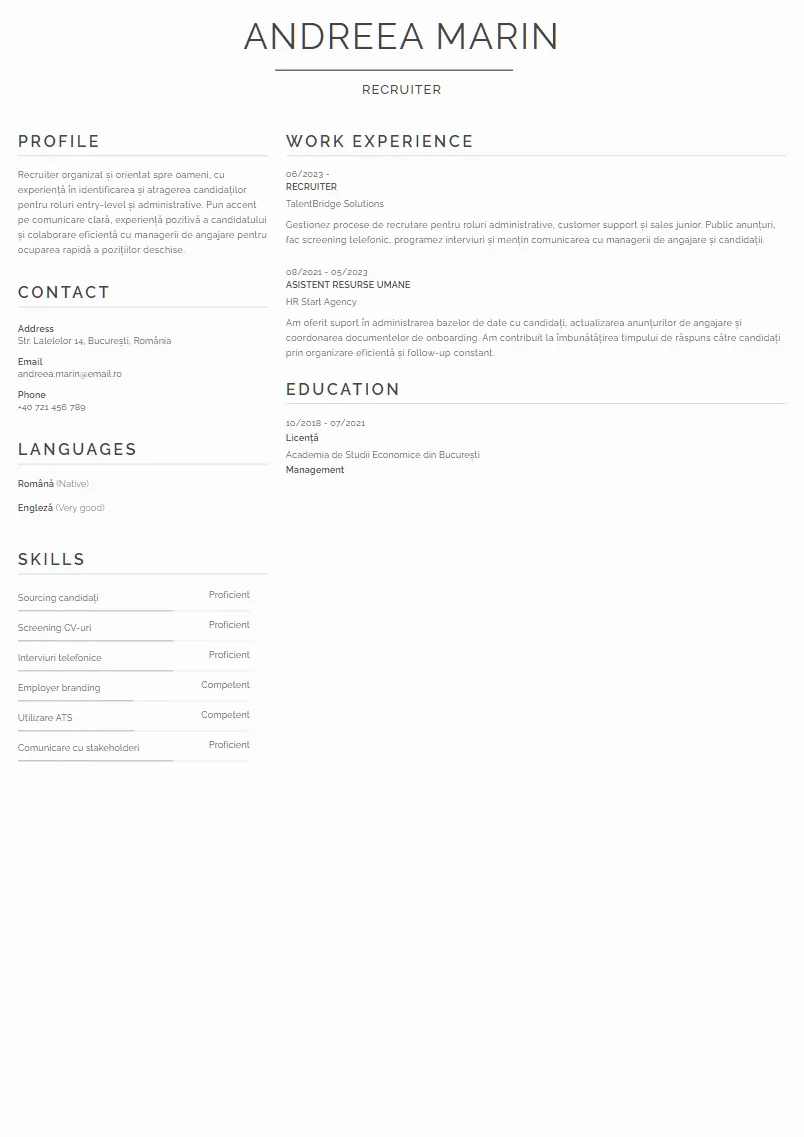 Exemplu CV Recruiter - Andreea Marin
