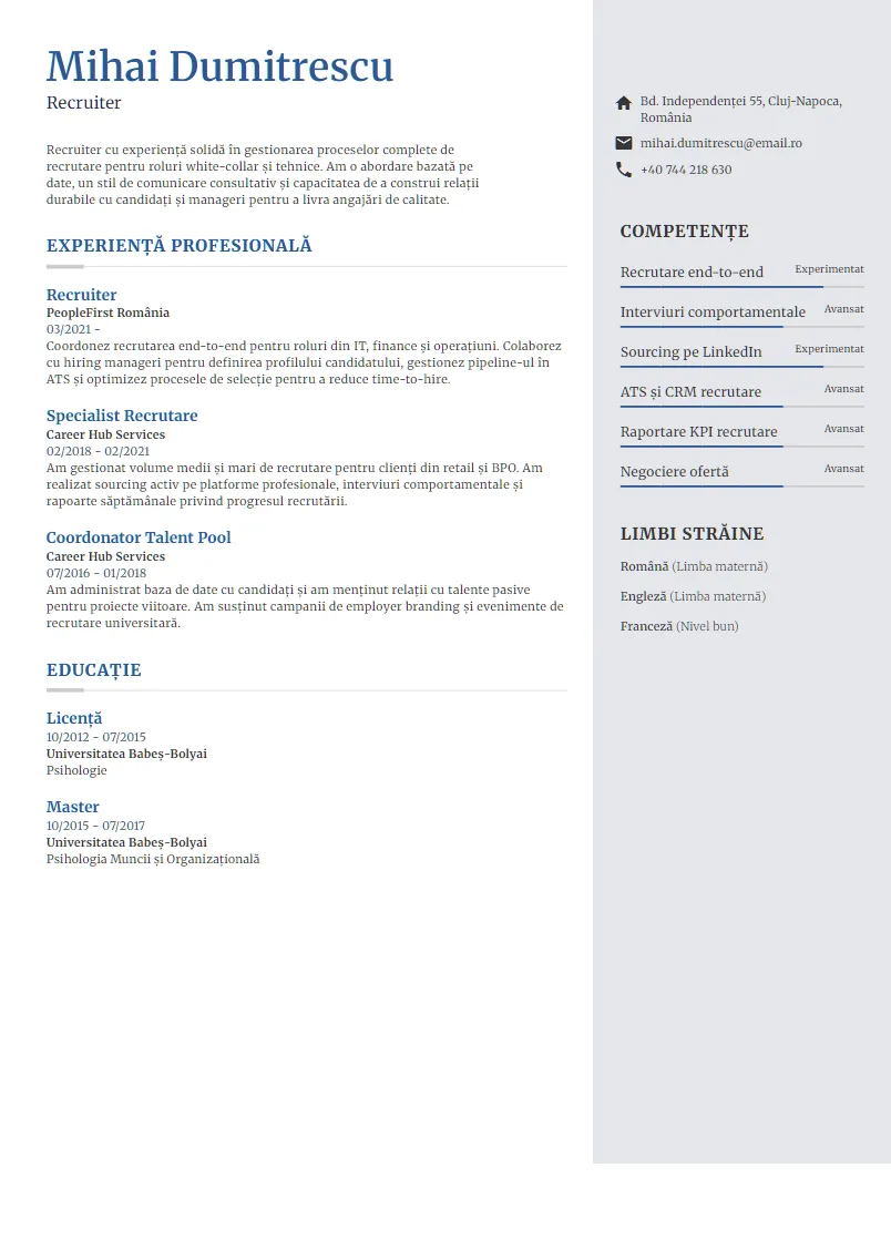 Exemplu CV Recruiter - Mihai Dumitrescu