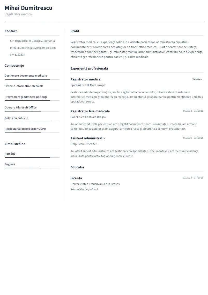 Exemplu CV Registrator medical - Mihai Dumitrescu