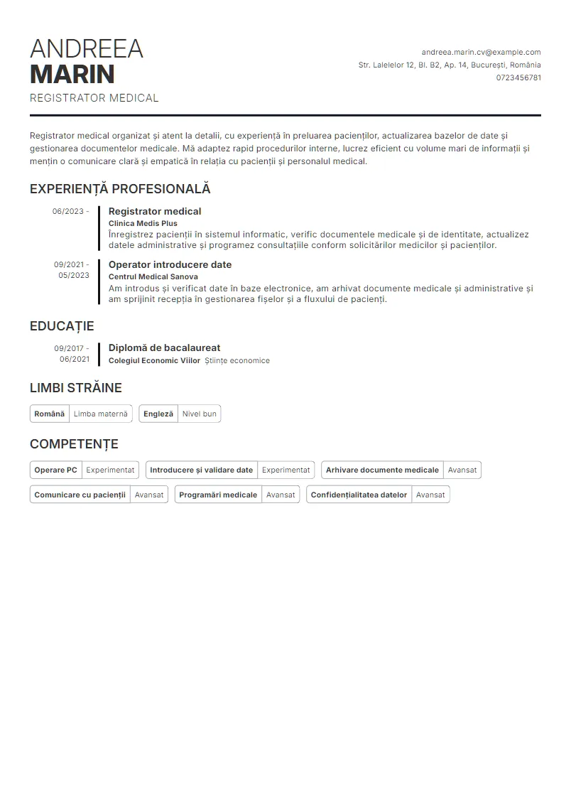 Exemplu CV Registrator medical - Andreea Marin