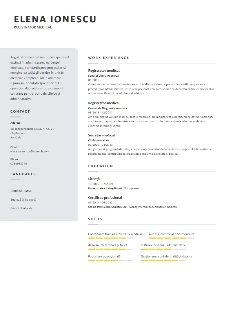 Exemplu CV Registrator medical - Elena Ionescu