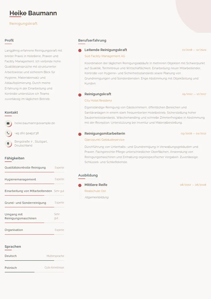 Lebenslauf Beispiel Reinigungskraft - Heike Baumann