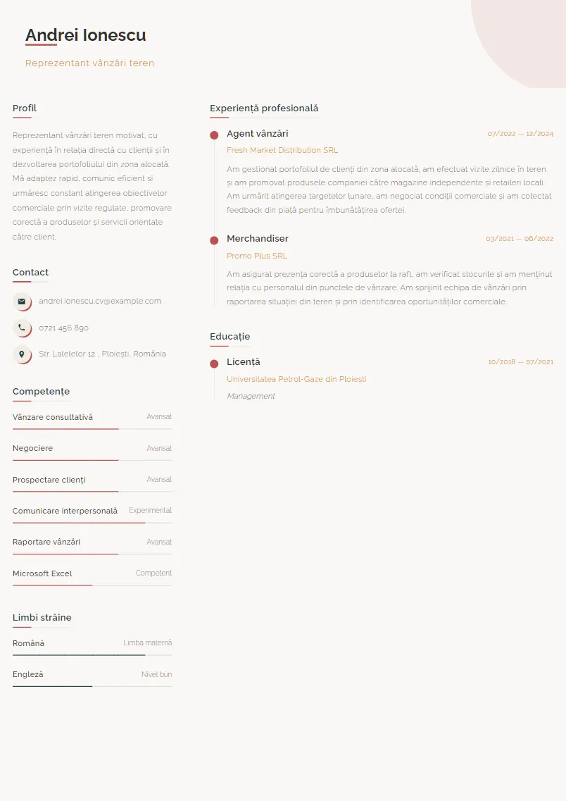 Exemplu CV Reprezentant vânzări teren - Andrei Ionescu