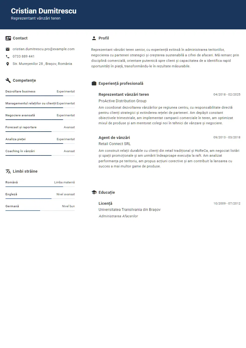 Exemplu CV Reprezentant vânzări teren - Cristian Dumitrescu