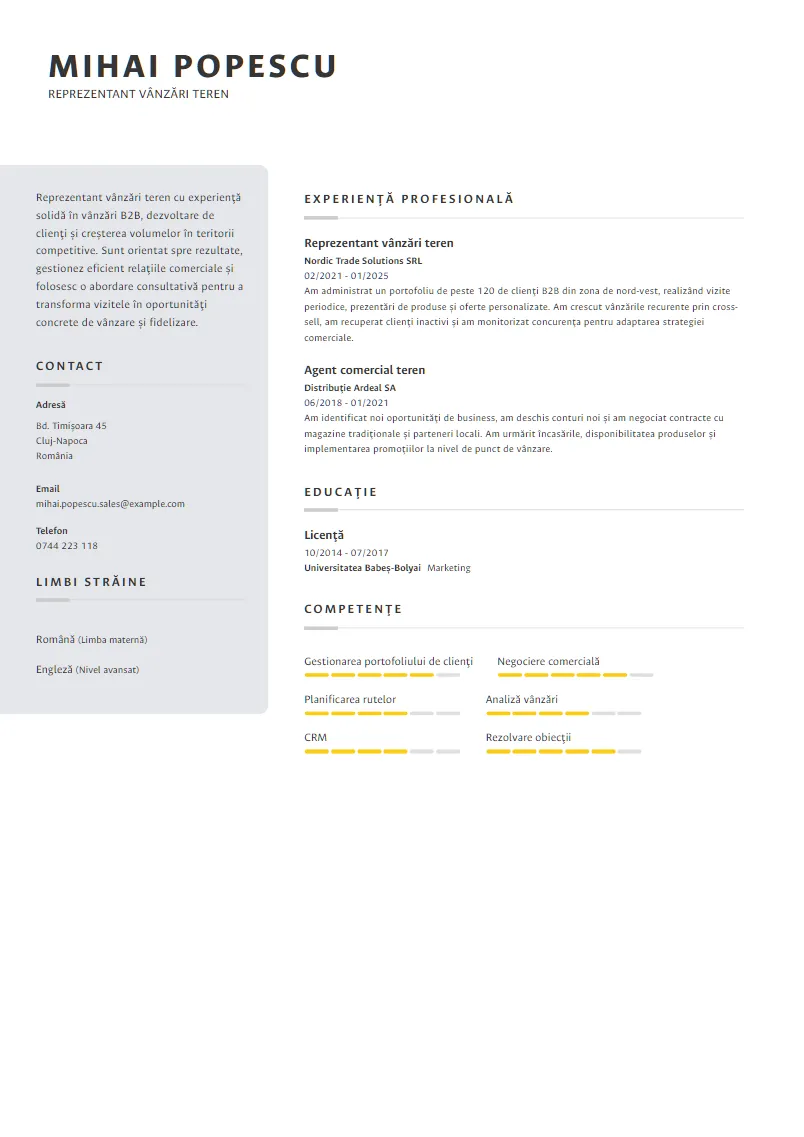 Exemplu CV Reprezentant vânzări teren - Mihai Popescu