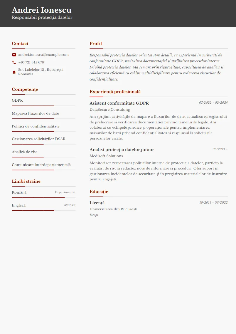 Exemplu CV Responsabil protecția datelor - Andrei Ionescu