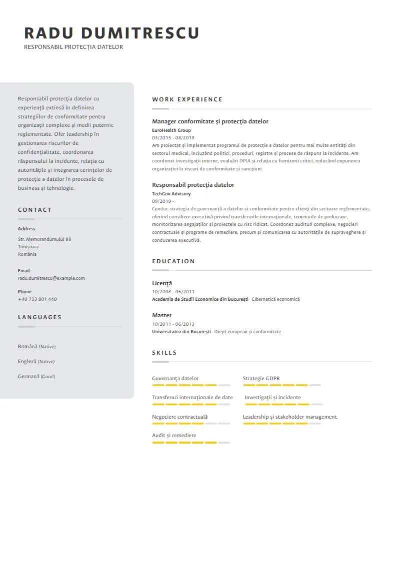 Exemplu CV Responsabil protecția datelor - Radu Dumitrescu