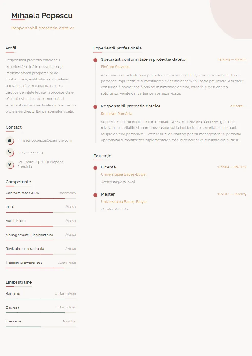 Exemplu CV Responsabil protecția datelor - Mihaela Popescu