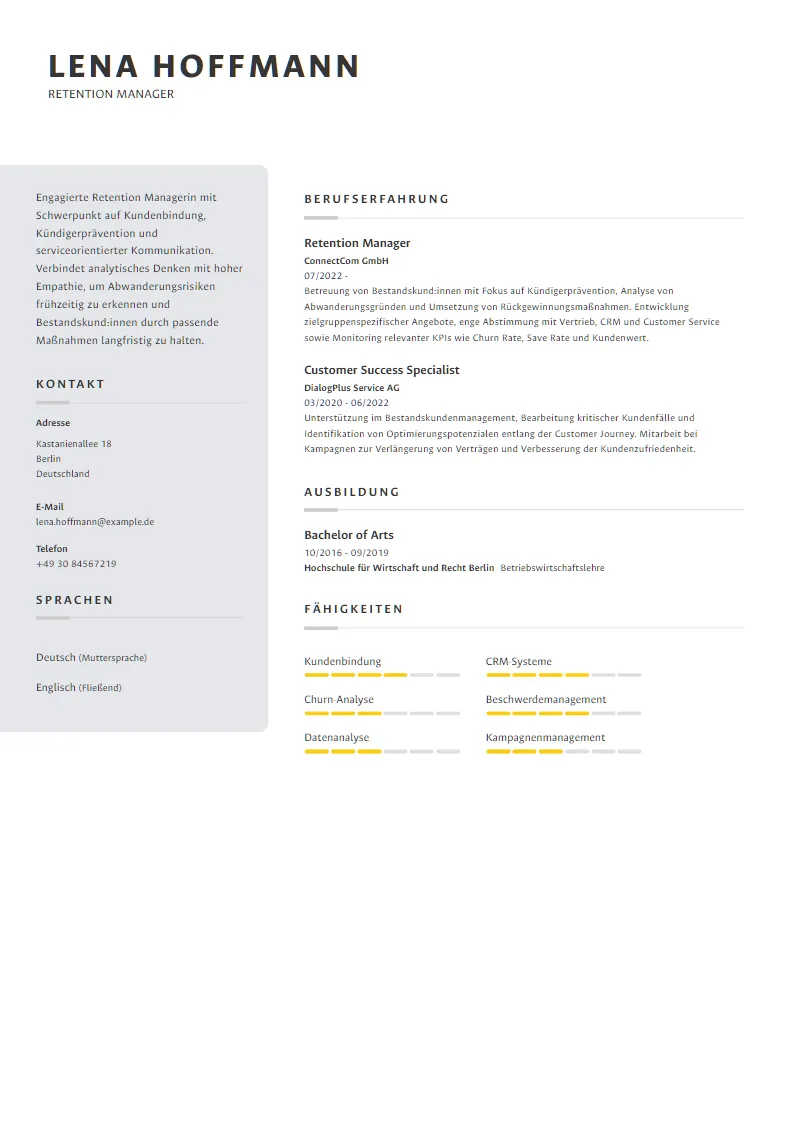Lebenslauf Beispiel Retention Manager - Lena Hoffmann