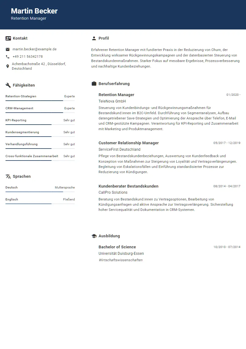 Lebenslauf Beispiel Retention Manager - Martin Becker