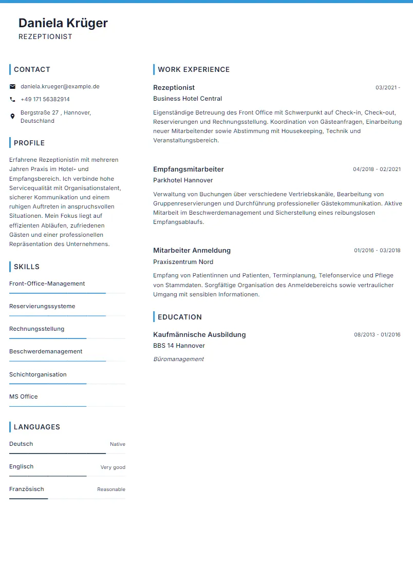 Lebenslauf Beispiel Rezeptionist - Daniela Krüger