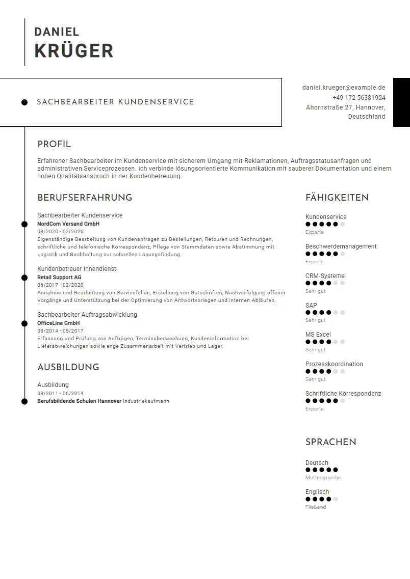 Lebenslauf Beispiel Sachbearbeiter Kundenservice - Daniel Krüger