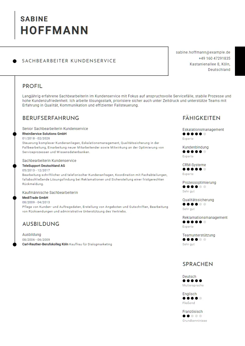 Lebenslauf Beispiel Sachbearbeiter Kundenservice - Sabine Hoffmann