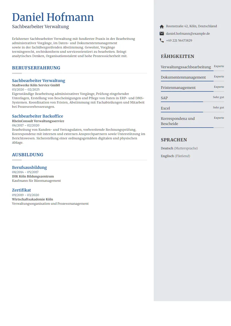 Lebenslauf Beispiel Sachbearbeiter Verwaltung - Daniel Hofmann