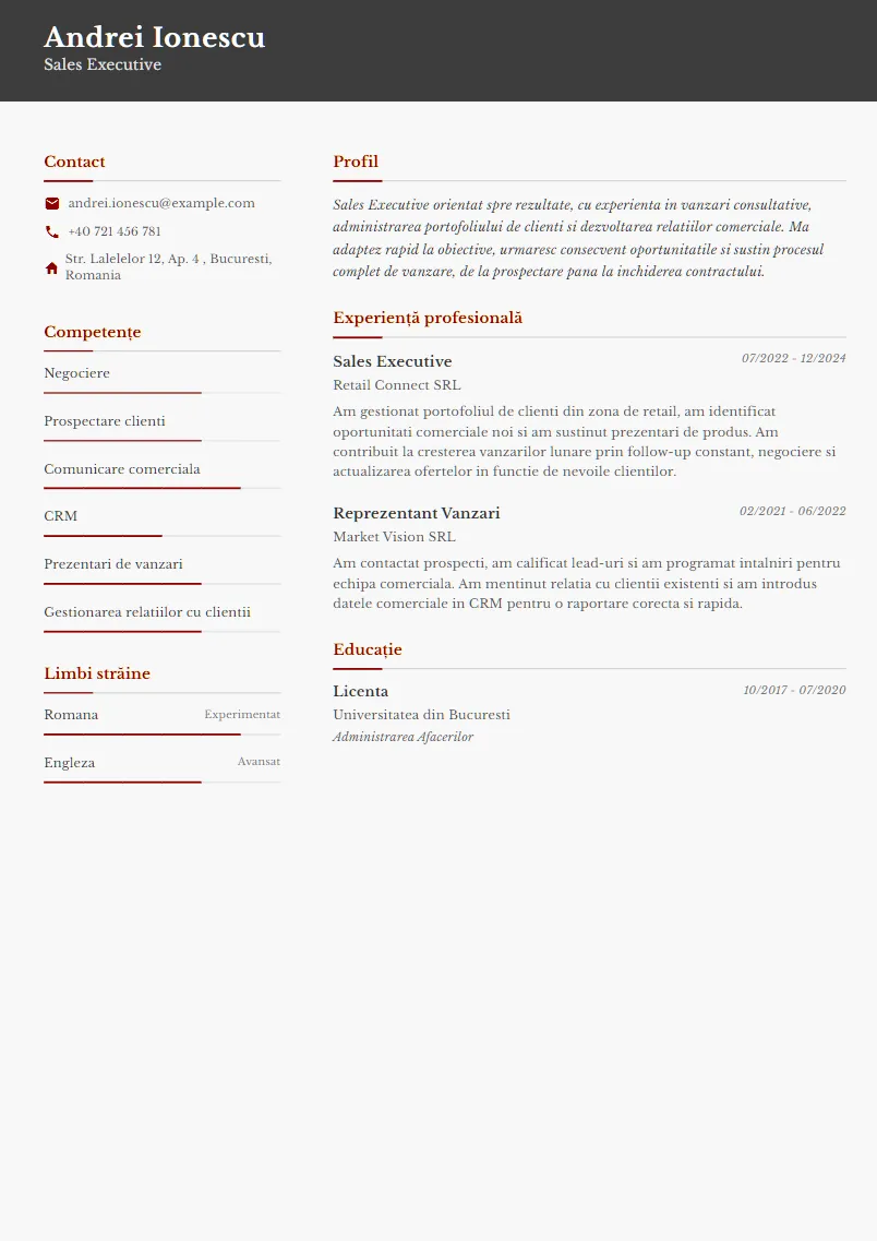 Exemplu CV Sales Executive - Andrei Ionescu