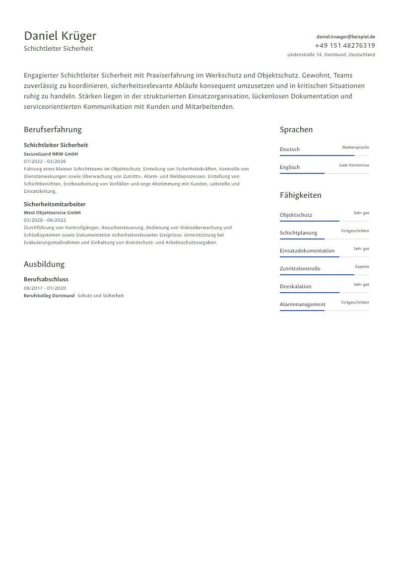 Lebenslauf Beispiel Schichtleiter Sicherheit - Daniel Krüger