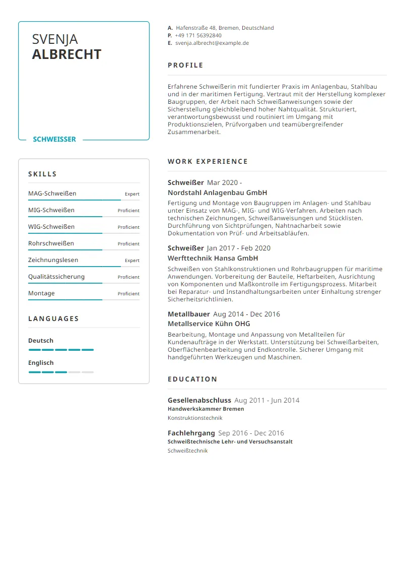 Lebenslauf Beispiel Schweißer - Svenja Albrecht