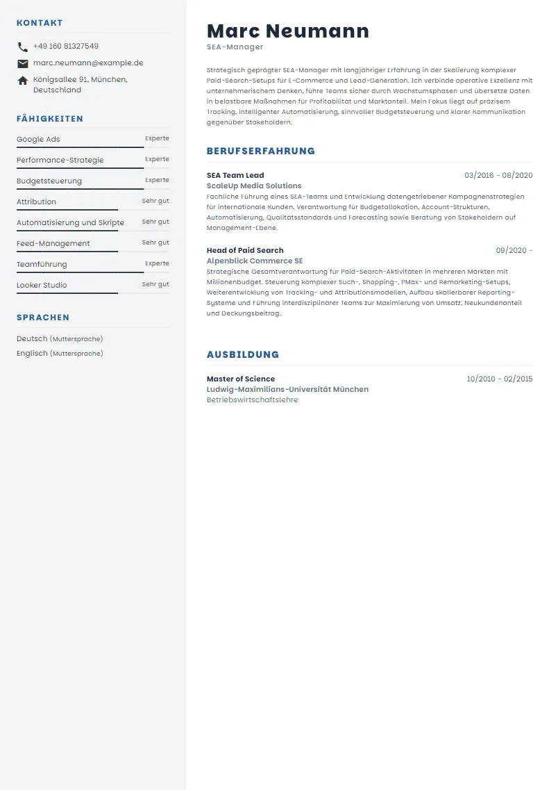 Lebenslauf Beispiel SEA-Manager - Marc Neumann