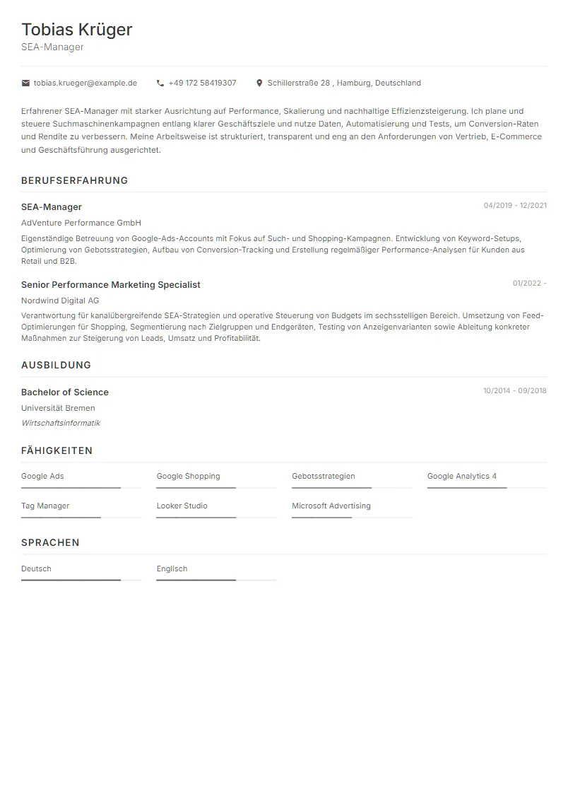 Lebenslauf Beispiel SEA-Manager - Tobias Krüger