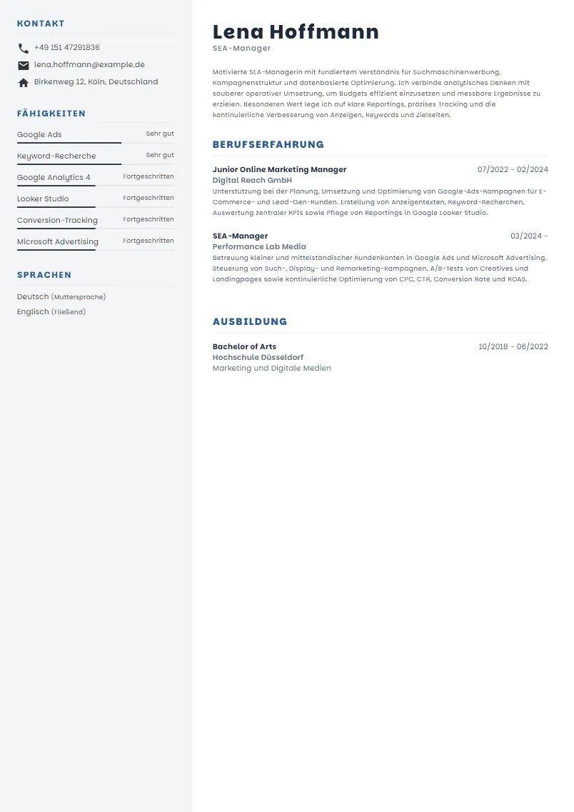 Lebenslauf Beispiel SEA-Manager - Lena Hoffmann