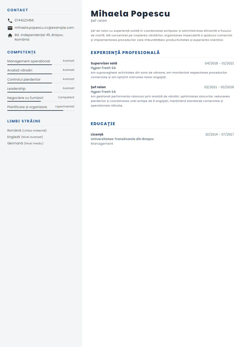 Exemplu CV Șef raion - Mihaela Popescu
