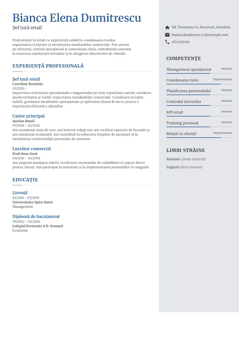 Exemplu CV Șef tură retail - Bianca Elena Dumitrescu