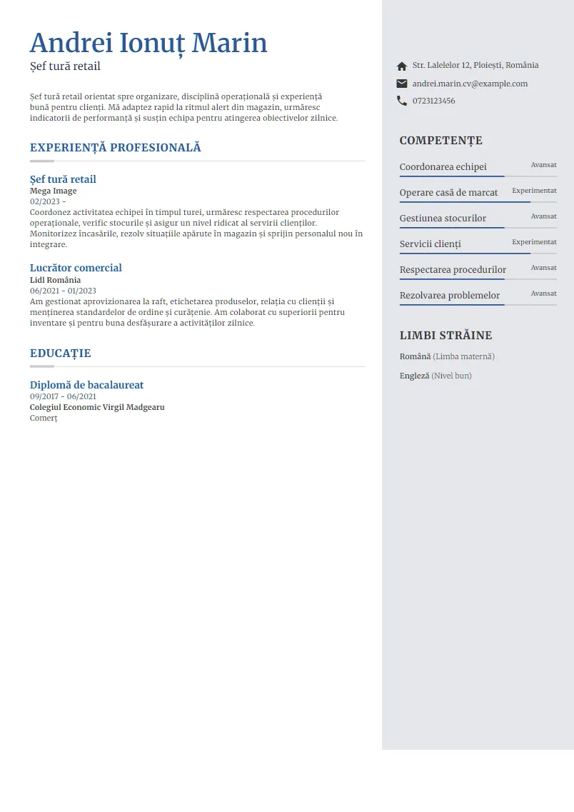 Exemplu CV Șef tură retail - Andrei Ionuț Marin