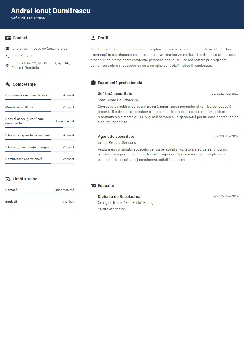 Exemplu CV Șef tură securitate - Andrei Ionuț Dumitrescu