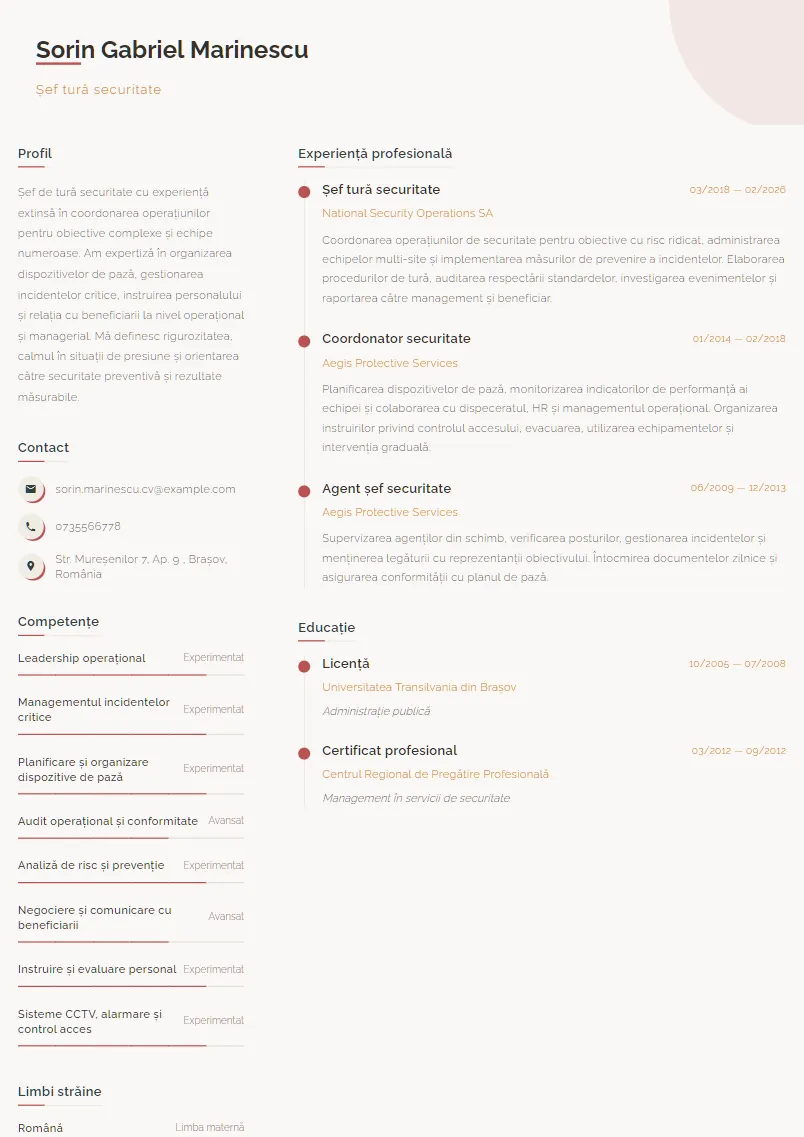 Exemplu CV Șef tură securitate - Sorin Gabriel Marinescu