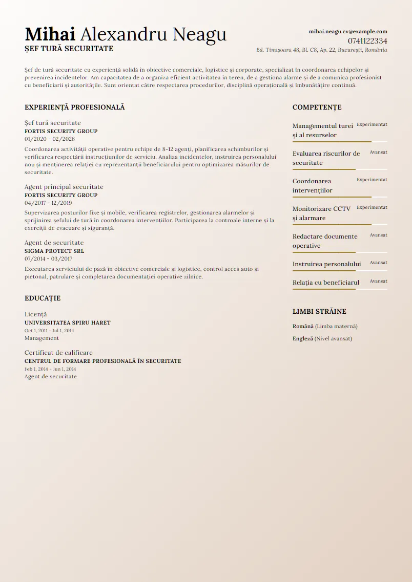 Exemplu CV Șef tură securitate - Mihai Alexandru Neagu