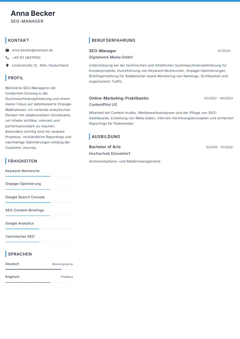 Lebenslauf Beispiel SEO-Manager - Anna Becker