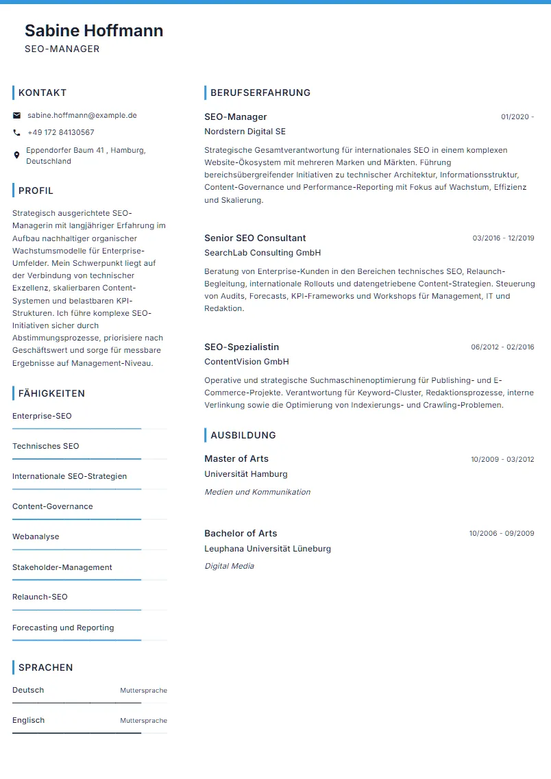 Lebenslauf Beispiel SEO-Manager - Sabine Hoffmann
