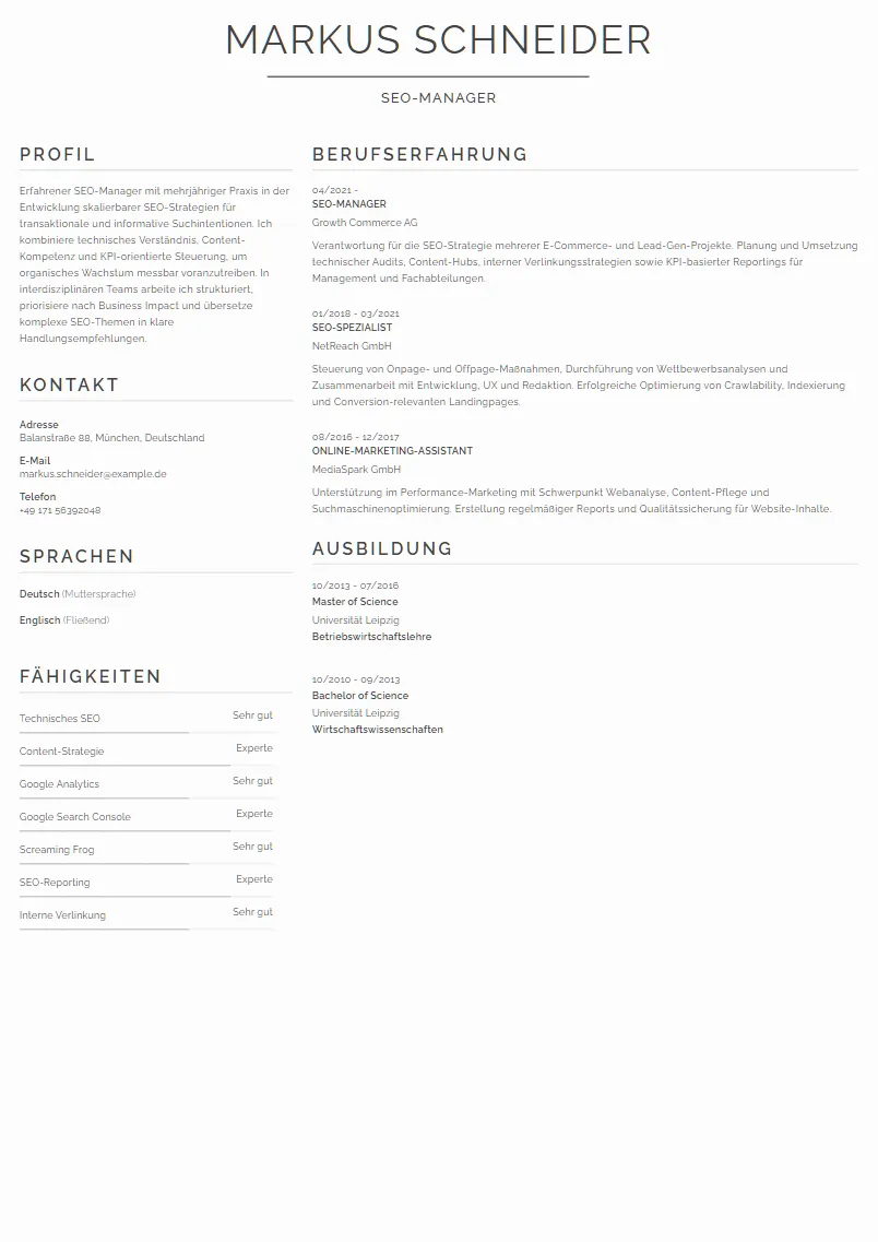Lebenslauf Beispiel SEO-Manager - Markus Schneider